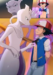 1boy ^^^ ash_ketchum baseball_cap belt belt_buckle black_belt black_hair black_shirt buckle clenched_teeth clothes_lift commentary_request gen_1_pokemon glowing grey_pants hair_between_eyes hat highres indoors interspecies jacket kousuke_(ko_suke) legendary_pokemon male_focus mewtwo navel nintendo open_clothes open_jacket pants pokemon pokemon:_the_first_movie_-_mewtwo_strikes_back pokemon_(anime) pokemon_(classic_anime) pokemon_(creature) pokephilia red_headwear shirt shirt_lift short_hair short_sleeves sweat teeth telekinesis