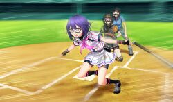 3girls baseball baseball_base baseball_bat baseball_glove baseball_stadium baseball_uniform belt belt_buckle belt_pouch bike_shorts_under_skirt black-framed_eyewear black_belt black_footwear black_gloves black_pouch black_shorts black_socks black_undershirt blue_hair blue_shirt buckle catcher&#039;s_mask catcher_(baseball) chest_protector cinderella_series coke-bottle_glasses dark_blue_hair fingerless_gloves full_body game_cg glasses gloves grey_pants hachigatsu_no_cinderella_nine hair_between_eyes highres looking_ahead metal_baseball_bat motion_lines multiple_girls neckerchief non-web_source official_art open_mouth outdoors pants pink_neckerchief playing_sports pleated_skirt pouch purple_eyes sakagami_mei satogahama_baseball_uniform shin_guards shirt shirt_under_shirt short_hair short_sleeves shorts skirt socks solo_focus speed_lines sportswear standing striped_belt striped_clothes striped_shirt sweat teeth umpire upper_teeth_only v-shaped_eyebrows vertical-striped_clothes vertical-striped_shirt wristband yellow_eyes
