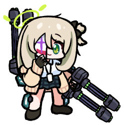 Rule 34 | 1girl, :3, absurdres, black bow, black gloves, black shoes, black skirt, blue archive, bow, brown cardigan, cardigan, chibi, chibi only, closed mouth, clown mask, fingerless gloves, gatling gun, gloves, green eyes, green halo, gundam, gundam heavyarms custom, gundam wing, gundam wing: endless waltz, hair bow, hair bun, half mask, halo, highres, holding, holding weapon, id card, lanyard, light brown hair, long hair, looking at viewer, mask, mecha musume, nonomi (blue archive), one eye covered, open cardigan, open clothes, panatisia, plaid clothes, plaid skirt, school uniform, shirt, shoes, simple background, single side bun, skirt, smile, solo, standing, weapon, white background, white shirt