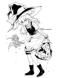 1girl apron black_boots black_skirt black_vest blonde_hair blush boots braid clothes_lift flower frills full_body hat highres holding holding_flower kirisame_marisa long_hair looking_at_viewer monochrome natsume_(menthol) open_mouth ribbon shirt short_sleeves skirt skirt_lift smile solo touhou twitter_username vest wet white_shirt witch_hat