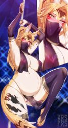 1girl animal_ears arms_up blonde_hair body_fur breasts cat_ears cat_girl cat_tail cleavage covered_erect_nipples furry furry_female green_eyes harem_outfit highres kairos+ large_breasts long_hair looking_at_viewer mouth_veil nipples ponytail pregnant pulchra_fellini purple_thighhighs pussy solo tail thighhighs veil yellow_eyes zenless_zone_zero