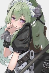 1girl apron arm_belt belly_chain black_nails chain corin_wickes curled_fingers double-parted_bangs from_side green_hair hair_between_eyes hair_intakes half-closed_eye highres holding holding_polearm holding_weapon jewelry light_blush looking_to_the_side maid maid_apron maid_headdress metal_wrist_cuffs open_mouth polearm puffy_short_sleeves puffy_sleeves purple_eyes raised_eyebrow screw_hair_ornament short_sleeves simple_background solo stuffed_animal stuffed_toy teddy_bear twintails upper_body weapon white_background y4uyo zenless_zone_zero