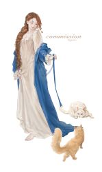 Rule 34 | 1girl, absurdres, animal, barefoot, blue eyes, blue robe, braid, braided ponytail, breasts, brown hair, cat, cjjcha, cleavage, closed eyes, collarbone, commentary, commission, curtained hair, dress, english commentary, frilled sleeves, frills, full body, grin, hair over shoulder, highres, holding, holding ribbon, imminent pounce, layered sleeves, long dress, long hair, long sleeves, orange cat, original, puffy long sleeves, puffy sleeves, ribbon, robe, robe partially removed, simple background, single braid, skirt hold, small breasts, smile, solo, teeth, twitter username, walking, white background, white cat, white dress