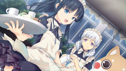 Rule 34 | 2girls, absurdres, black hair, blue eyes, cosplay, cuts, day, dutch angle, food, frills, game cg, harem tengoku da to omottara yandere jigoku datta, highres, hiiro yuki, holding, holding tray, injury, izaemon, kigurumi, maid, maid headdress, miyasu sayuri, multiple girls, open mouth, outdoors, puffy short sleeves, puffy sleeves, purple eyes, sandwich, short sleeves, silver hair, toutomi kanna, tray