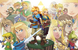 6+boys 6+girls arrow_(projectile) blonde_hair blue_eyes blue_scarf boots bow_(weapon) brown_hair dark-skinned_female dark_skin dress fingerless_gloves flower gloves hat hylian_shield hyrule_warriors link long_hair looking_at_viewer master_sword matt_herms multiple_boys multiple_girls multiple_persona nintendo pointy_ears princess_zelda quiver red_scarf scarf serious sheik sheikah_slate shield shield_on_back sword tetra the_legend_of_zelda the_legend_of_zelda:_a_link_to_the_past the_legend_of_zelda:_breath_of_the_wild the_legend_of_zelda:_ocarina_of_time the_legend_of_zelda:_skyward_sword the_legend_of_zelda:_the_wind_waker the_legend_of_zelda:_twilight_princess the_legend_of_zelda_(nes) tiara toon_link triforce turban weapon young_link