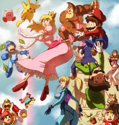 3girls 6+boys :o animal animal_crossing animal_ears anomal ape arm_cannon ass baseball_cap battle blonde_hair blue_eyes bodysuit brown_hair butt_crack capcom clenched_hands crossover crown donkey_kong donkey_kong_(series) dress earrings elbow_gloves eyebrows facial_hair flower_pot fox_ears fox_mccloud frilled_dress frills fur gen_1_pokemon gloves hat heart helmet high_heels highres hip_attack holding holding_weapon huge_ass jewelry king_dedede kirby kirby_(series) leaf long_hair looking_at_another looking_back looking_up luigi mario mario_(series) mega_man_(character) mega_man_(classic) mega_man_(series) metroid multiple_boys multiple_girls mustache necktie ness_(mother_2) nintendo onofre_wayne open_mouth overalls pants pikachu pink_dress pointy_ears pokemon pokemon_(creature) ponytail princess_peach princess_zelda samus_aran shirt short_sleeves skin_tight star_fox striped_clothes striped_shirt super_smash_bros. t-shirt tail the_legend_of_zelda tiara upside-down vest villager_(animal_crossing) wario weapon zero_suit