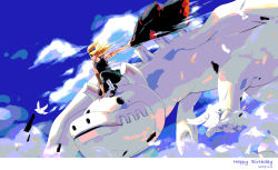 1boy absurdres akatsuki_(naruto) akatsuki_uniform bird black_pants black_shirt blonde_hair blue_sky clay cloud cloudy_sky deidara_(naruto) dragon explosive forehead_protector full_body full_moon geokinesis hair_over_one_eye highres holding holding_jacket holding_unworn_clothes jacket long_hair moon naruto_(series) naruto_shippuuden ninja pants ponytail sandals shirt sky sleeveless sleeveless_shirt solo unworn_jacket yi_(199702090505)