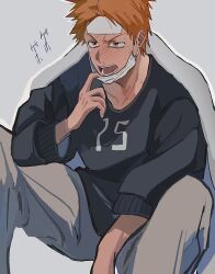 1boy arm_on_knee blanket bleach collarbone highres inutaro63 kurosaki_ichigo long_sleeves male_focus mask mask_pull mouth_mask open_mouth orange_eyes orange_hair sick simple_background sitting snot solo spiked_hair sweat towel towel_on_head