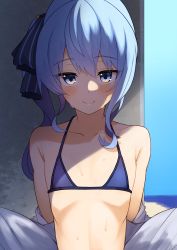 1girl absurdres bare_shoulders bikini blue_eyes blue_hair blush collarbone flat_chest hair_between_eyes highres hololive hoshimachi_suisei jacket jacket_partially_removed pyonsan shade side_ponytail smile solo sweat swimsuit undressing upper_body virtual_youtuber