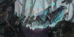 4girls absurdres armor artist_name bare_tree belt black_footwear black_headdress black_veil blonde_hair blue_eyes boots bow_(weapon) breastplate breasts brown_hair bug bush butterfly cape colored_skin commentary_request crossbow dagger dm-sheep elden_ring elf feathers fog from_behind gauntlets glowing glowing_eyes grey_skin gun hand_on_hilt headband helmet highres hilt holding holding_crossbow holding_dagger holding_gun holding_knife holding_staff holding_weapon horseback_riding insect instrument jewelry knife long_hair mantle marching medium_breasts multiple_girls pointy_ears poison red_eyes riding ring saddle scar scar_on_face serious shield shoulder_armor skeleton skeleton_horse staff standard_bearer treasure_chest tree trumpet undead veil weapon wetland white_hair will-o&#039;-the-wisp_(mythology)