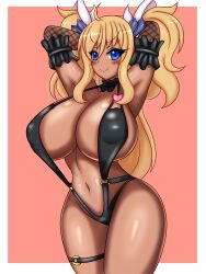 1girl :&gt; alternate_costume arms_up artist_request black_choker blonde_hair breasts choker curvy dark-skinned_female dark_skin huge_breasts large_areolae legs_together long_hair looking_at_viewer nipples official_alternate_costume onizaki_kirara shiny_skin simple_background slingshot_swimsuit solo swimsuit taimanin_(series) taimanin_rpgx tan twintails wide_hips