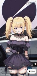 Rule 34 | 1girl, ani (xai), asymmetrical legwear, bare shoulders, belt, black dress, black gloves, black thighhighs, blonde hair, breasts, cowboy shot, danraz0r, detached collar, dress, english text, fake screenshot, fishnet thighhighs, fishnets, frilled dress, frills, gloves, grin, grok (xai), highres, long hair, looking at viewer, medium breasts, off-shoulder dress, off shoulder, purple eyes, raised eyebrow, short sleeves, smile, solo, standing, thighhighs, twintails, underbust, xai (company), zettai ryouiki