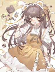 1girl animal_ears bear_ears blush bow brown_bow brown_dress brown_eyes brown_hair checkerboard_cookie cookie dress fake_animal_ears food fork frilled_dress frills gloves hair_intakes hair_ornament hairclip highres long_hair looking_at_viewer milkk_(niunai) open_mouth original puffy_short_sleeves puffy_sleeves ribbon shirt short_sleeves sitting smile solo virtual_youtuber white_shirt yellow_eyes