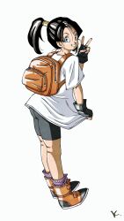 1girl backpack bag bike_shorts black_gloves black_hair blue_eyes dragon_ball dragonball_z fingerless_gloves gloves high_ponytail highres kakeru_(dbskakeru) looking_back oversized_clothes oversized_shirt ponytail shirt short_hair smile solo v videl white_shirt