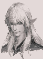 1boy chinese_commentary commentary_request cropped_torso elezen elf estinien_varlineau final_fantasy final_fantasy_xiv grey_background greyscale highres looking_at_viewer male_focus medium_hair monochrome pointy_ears portrait realistic simple_background solo whiteyoo