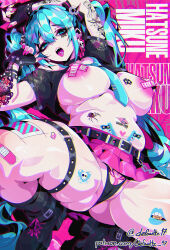 1girl absurdres ahegao animal_ears aqua_eyes aqua_hair areola_slip arm_tattoo arms_up bandages black_hair blue_necktie breasts covered_erect_nipples defaultz fingerless_gloves gloves hatsune_miku highres idolmaster large_breasts leg_tattoo looking_at_viewer necktie pasties pink_nails pubic_tattoo pussy pussy_peek sharp_teeth skull_tattoo solo spider_tattoo spread_legs squatting tattoo teeth thigh_strap twintails upskirt