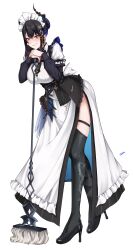 1girl absurdres alternate_costume apron artist_name black_footwear black_hair black_thighhighs breasts broom demon_horns dress drunktatsu frilled_apron frills full_body high_heels highres holding holding_broom hololive hololive_english horns jewelry large_breasts leaning_on_broom long_hair looking_at_viewer maid maid_headdress mole mole_under_eye multicolored_hair nerissa_ravencroft pantyhose parted_lips purple_eyes red_eyes side_slit simple_background single_thighhigh smile solo thigh_strap thighhighs thighlet two-tone_hair unconventional_maid virtual_youtuber waist_apron white_background white_dress