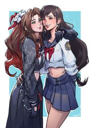 2girls aerith_gainsborough aerith_gainsborough_(midgard_seventh_high_school) arm_around_shoulder arm_around_waist artist_name black_choker black_hair black_sailor_collar black_shirt black_skirt blue_background blue_sailor_collar blue_skirt border breasts brown_hair choker closed_mouth colored_tips couple crop_top delinquent earrings final_fantasy final_fantasy_vii final_fantasy_vii_ever_crisis floral_print flower green_eyes grey_neckerchief hair_flower hair_ornament hair_ribbon hair_scrunchie highres jewelry large_breasts long_hair long_skirt low-tied_long_hair medium_breasts midriff miniskirt multicolored_hair multiple_girls navel neckerchief official_alternate_costume parted_bangs parted_lips ponytail red_eyes red_hair red_neckerchief red_ribbon ribbon sailor_collar school_uniform scrunchie shirt sidelocks skirt smile sukeban tifa_lockhart tifa_lockhart_(midgard_seventh_high_school) white_border white_flower white_shirt x_hair_ornament yuri zureiil
