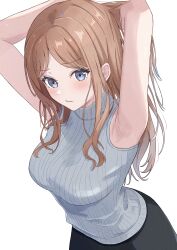 1girl absurdres armpit_focus armpits arms_up bang_dream! bang_dream!_it&#039;s_mygo!!!!! beniyomogi blue_sweater blush breasts brown_hair commentary highres large_breasts long_hair looking_at_viewer nagasaki_soyo presenting_armpit sidelocks simple_background sleeveless sleeveless_sweater solo sweater very_long_hair white_background