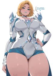 1girl absurdres blonde_hair blue_lips blue_nails bright_pupils diamond_(gemstone) diamond_earrings earrings emma_frost english_text from_below highres jewelry kalennoir marvel marvel_rivals smile solo speech_bubble thick_thighs thighs white_pupils