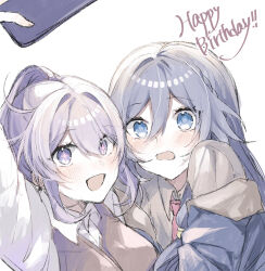 2girls absurdres alternate_costume black_shirt blue_eyes blue_hair blue_jacket blush cellphone commentary_request diamond-shaped_pupils diamond_(shape) fu_hua grey_hair hair_between_eyes happy happy_birthday high_ponytail highres holding holding_phone honkai_(series) honkai_impact_3rd jacket kiana_kaslana kiana_kaslana_(herrscher_of_finality) long_hair long_sleeves looking_at_phone multiple_girls necktie off_shoulder open_clothes open_jacket open_mouth phone pink_necktie pink_pupils ponytail rino_ebe selfie shirt sleeveless sleeveless_shirt smartphone star-shaped_pupils star_(symbol) symbol-shaped_pupils white_hair white_shirt white_sleeves yuri