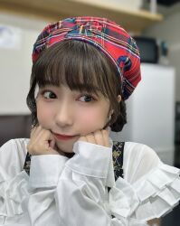 Rule 34 | 1girl, black hair, blurry, blurry background, brown eyes, earrings, flat chest, hands on own face, hat, indoors, japanese (nationality), jewelry, kobayashi aika, lipstick, looking to the side, makeup, photo (medium), real life, short hair, smile, voice actor