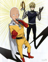 2boys absurdres bald blonde_hair boots cape cyborg emphasis_lines genos gloves highres instrument karaoke male_focus microphone multiple_boys official_art one-punch_man red_footwear red_gloves rubber_boots saitama_(one-punch_man) shadow short_hair superhero_costume tambourine toda_mai white_cape