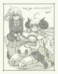 2girls :d ahoge anila_(granblue_fantasy) bespectacled blazer blunt_bangs blush border bow breasts card cleavage collared_shirt commentary_request crossover curled_horns dress_shirt drooling english_text full_body glasses granblue_fantasy grey_background greyscale hair_bow highres holding holding_card horns jacket kneeling kosaka_honoka large_breasts loafers long_hair looking_at_viewer love_live! love_live!_school_idol_project medium_hair miniskirt mixed-language_text monochrome mouth_drool multiple_girls one_side_up open_mouth otonokizaka_school_uniform pas_(paxiti) plaid_clothes plaid_skirt pleated_skirt sandals school_uniform sheep sheep_horns shirt shoes simple_background sitting skirt smile spot_color thighhighs translation_request very_long_hair wariza winter_uniform zettai_ryouiki