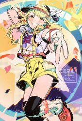 1girl 1kiyota0 black_thighhighs blonde_hair bluesky_username braid clothes_writing commentary confetti detached_sleeves english_text fujita_kotone gakuen_idolmaster grin highres holding holding_microphone idol idolmaster jumping leg_warmers microphone midriff_peek over-kneehighs pink_shoes shirt shoes short_sleeves shorts smile solo suspender_shorts suspenders thighhighs twin_braids v visor_cap watermark white_leg_warmers white_shirt yellow_big_bang!_(idolmaster) yellow_shorts