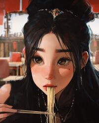 Rule 34 | 1girl, black dress, black hair, brown eyes, chopsticks, dress, earrings, eating, food, highres, holding, holding chopsticks, indoors, jewelry, long hair, mole, mole under eye, necklace, noodles, original, portrait, ramen, sam yang, shop, sidelocks, solo, sparkling eyes, updo, very long hair