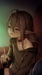 Rule 34 | 1girl, :o, antenna hair, as109, blush, brown hair, closed eyes, collar, collarbone, drinking straw, glass, highres, hood, hoodie, indie virtual youtuber, laughing, long hair, low-tied long hair, off shoulder, pointy ears, pov, shui lan er, sitting, solo, thighhighs, vampire, virtual youtuber, zettai ryouiki