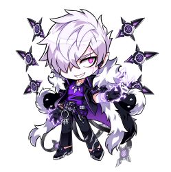 1boy absurdres add_(elsword) belt belt_buckle black_belt black_coat black_gloves black_jacket black_pants black_shoes buckle chibi coat coat_on_shoulders collared_jacket crossed_belts earbuds earphones electricity electrokinesis elsword fur-trimmed_coat fur-trimmed_sleeves fur_trim game_cg gloves grey_hair grin hair_over_one_eye high_collar highres hwansang jacket keyring male_focus messy_hair official_art open_clothes open_jacket pants pink_eyes pointy_ears purple_belt purple_coat purple_shirt robot second-party_source shirt shoes short_hair short_sleeves smile solo standing stitched_neck stitches studded_belt tachi-e transparent_background two-sided_coat two-sided_fabric