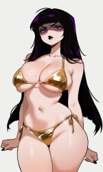 1girl absurdres ahoge bare_arms bikini black_lips black_nails blunt_bangs blunt_ends breasts commentary cowboy_shot curvy eyeshadow gold_bikini highres large_breasts legs_together lipstick long_hair looking_at_viewer makeup me_o_wy mole mole_on_breast mole_under_mouth nail_polish navel navel_piercing original piercing purple_eyes purple_eyeshadow purple_hair shaded_face side-tie_bikini_bottom simple_background skindentation solo standing swimsuit thick_eyebrows underboob v-shaped_eyebrows very_long_fingernails white_background