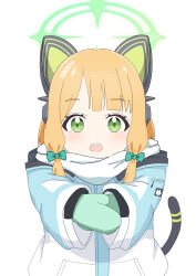 1girl absurdres animal_ear_headphones animal_ears aqua_coat blonde_hair blue_archive blush bow cat_ear_headphones cat_ears cat_tail coat commentary dot_nose fake_animal_ears fake_tail green_bow green_eyes green_halo green_mittens hair_bow halo headphones highres korean_commentary long_sleeves looking_at_viewer low-tied_sidelocks midori_(blue_archive) mittens multicolored_coat official_alternate_costume open_mouth own_hands_together scarf sidelocks simple_background solo straight-on tail tail_raised tareme teeth upper_body upper_teeth_only whddus6712 white_background white_scarf wide_sleeves winter_clothes winter_coat zipper_pull_tab