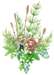 2boys bird_wings black_pants bow bowtie bright_pupils brown_hair burgh_(pokemon) chibi chibi_only cilan_(pokemon) fairy_wings full_body green_bow green_bowtie green_eyes highres holding leaf looking_at_viewer male_focus mini_person miniboy miyawaki multiple_boys nintendo open_mouth pants pink_scarf plant_request pointy_ears pokemon pokemon_bw scarf white_background white_pupils wings