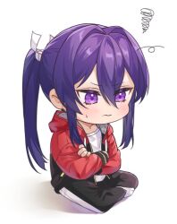 1boy ahoge black_pants chibi chibi_only closed_mouth crossed_arms double-parted_bangs drawstring ensemble_stars! full_body furrowed_brow gym_uniform hair_between_eyes hair_intakes hood hoodie indian_style jacket kanzaki_souma light_blush long_hair long_sleeves male_focus motoyui nancy980216 official_alternate_costume open_clothes open_jacket pants ponytail pout purple_eyes purple_hair red_hoodie shadow shirt sidelocks simple_background sitting socks solo squiggle sweatdrop v-shaped_eyebrows wavy_mouth white_background white_shirt white_socks