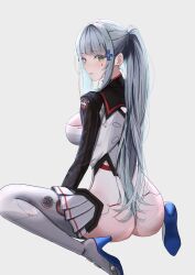 1girl absurdres ass assless_skirt breasts commentary from_behind girls&#039;_frontline girls&#039;_frontline_2:_exilium green_eyes grey_background grey_hair high_heels highres hk416_(girls&#039;_frontline) klukai_(girls&#039;_frontline_2) klukai_(speed_star)_(girls&#039;_frontline_2) large_breasts leotard long_hair looking_at_viewer looking_back official_alternate_costume parted_lips pleated_skirt ponytail satsumaagee simple_background sitting skirt solo teardrop_facial_mark very_long_hair wariza white_background white_leotard