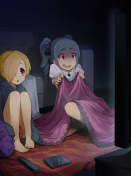 10s 2girls :o bags_under_eyes barefoot blonde_hair blue_hair clothes_pull controller dress_pull drill_hair ear_piercing hair_over_one_eye hair_ribbon highres idolmaster idolmaster_cinderella_girls kanzaki_ranko long_hair long_sleeves multiple_girls orz_(orz57) piercing purple_eyes red_eyes remote_control ribbon scared screen_light shirasaka_koume short_hair sitting sleeves_past_wrists twin_drills very_short_hair watching_television wavy_mouth
