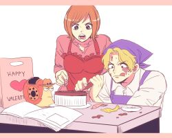 Rule 34 | 1boy, 1girl, apron, blonde hair, commentary request, cooking, den den mushi, freckles, hat, headscarf, koala (one piece), letterboxed, long sleeves, nrrn03, one piece, orange hair, orange hat, sabo (one piece), scar, scar on face, shirt, short hair, sweatdrop, tongue, tongue out, white shirt