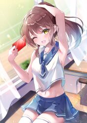 Rule 34 | 1girl, absurdres, armpits, arms up, bare shoulders, blue sailor collar, blue skirt, blush, bow, breasts, brown hair, collarbone, desk, highres, holding, indoors, long hair, looking at viewer, medium breasts, midriff, navel, on desk, one eye closed, open mouth, original, pleated skirt, ponytail, sailor collar, school desk, school uniform, shirt, sitting, skirt, sleeveless, smile, solo, thighhighs, tsukimiya sara, white shirt, white thighhighs, yellow eyes