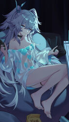 1girl :3 absurdres bare_legs bare_shoulders black_collar blue_eyes blue_hair blue_nails blue_ribbon breasts cleavage collar commentary_request controller dark florence_(girls&#039;_frontline_2) florence_(neural_cloud) from_side full_body game_controller girls&#039;_frontline girls&#039;_frontline_2:_exilium hair_between_eyes hair_ribbon hands_up heart heart-shaped_pupils highres holding holding_controller holding_game_controller indoors iras17514 knees_up legs long_hair looking_at_viewer medium_breasts messy_hair nail_polish navel off-shoulder_shirt off_shoulder pa-15_(girls&#039;_frontline) pa-15_(marvelous_yam_pastry)_(girls&#039;_frontline) ribbon see-through_clothes see-through_shirt shirt sitting small_breasts solo symbol-shaped_pupils thigh_strap thighs very_long_hair white_hair white_shirt