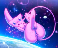 1girl blue_eyes breasts bubble colored_skin curvy earth_(planet) eyelashes floating furry furry_female gen_1_pokemon grabbing_own_breast hand_on_own_chest highres legendary_pokemon long_tail mew_(pokemon) moon mythical_pokemon nintendo pink_skin planet pokemon sky smile space star_(sky) starry_sky tail thighs walter_sache