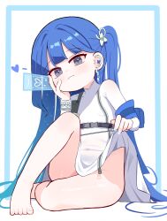 1girl aged_down alternate_breast_size arcana_(nikke) barefoot blue_hair blue_nails closed_mouth clothes_lift commentary dress dress_lift earrings english_commentary goddess_of_victory:_nikke grey_eyes hair_ornament heart highres jewelry loli long_hair looking_to_the_side no_panties side_ponytail solo sseopik thighs white_background white_dress
