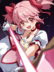 1girl aiming amamiyayk blush bow bow_(weapon) bubble_skirt chest_jewel choker dress energy_arrow gloves hair_between_eyes hair_bow head_tilt highres kaname_madoka kaname_madoka_(magical_girl) long_hair magical_girl mahou_shoujo_madoka_magica open_mouth pink_eyes pink_hair puffy_short_sleeves puffy_sleeves red_bow red_choker ribbon_choker short_hair short_sleeves short_twintails skirt smile solo twintails weapon white_gloves