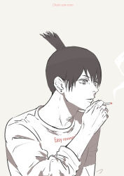 1boy black_hair chainsaw_man cigarette clothes_writing collared_shirt copyright_name earrings greyscale hayakawa_aki highres holding holding_cigarette jewelry matahei monochrome shirt short_hair signature simple_background smoke smoke_trail solo stud_earrings topknot