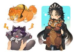 Rule 34 | 1girl, :/, angry, animal, animalization, anjo nala, beret, black cat, black dress, black gloves, black hat, cat, chin strap, coif, creature, dog, dress, gloves, hat, hat on back, highres, holding, holding animal, holding cat, holding creature, liang yue (reverse:1999), long hair, lopera (reverse:1999), low twintails, mummeemeemama, neckerchief, open mouth, parted bangs, police, police uniform, policewoman, purple eyes, qiangliang (reverse:1999), reverse:1999, shout lines, solo, straw hat, tearing up, twintails, upper body, white background, white hat, white neckerchief, yellow eyes, yellow hat