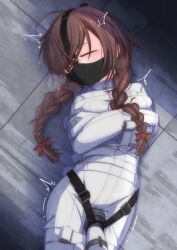 Rule 34 | 1girl, ahoge, arms across body, arms under breasts, bdsm, belt buckle, bodysuit, bound, bound arms, bound legs, braid, brown hair, buckle, closed eyes, gag harness, gagged, highres, hitachi magic wand, long hair, lying, madotsuki, menou 74, on back, sex toy, solo, straitjacket, twin braids, vibrator, white bodysuit, yume nikki