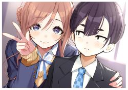 1boy 1girl absurdres black_eyes black_hair blazer blue_eyes brown_hair checkered_necktie commentary_request dutch_angle formal_clothes gakuen_idolmaster hand_on_another&#039;s_shoulder hatsuboshi_gakuen_school_uniform highres himesaki_rinami idolmaster jacket long_hair looking_at_viewer mappaninatta mole mole_under_eye necktie producer_(idolmaster) school_uniform short_hair suit sweater upper_body v
