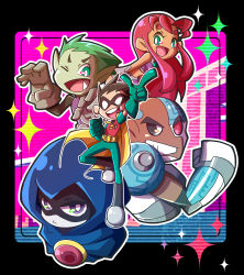 2girls 3boys :d alien animification bald beast_boy_(dc) boots border cape cartoon_network chibi cloak colored_skin cyborg cyborg_(dc) dark_skin dc_comics dick_grayson domino_mask framed gloves green_eyes green_hair green_skin grey_skin hood ladama mask multiple_boys multiple_girls no_nose one_eye_closed open_mouth orange_skin pale_skin purple_eyes raven_(dc) red_hair robin_(dc) smile sparkle starfire teen_titans victor_stone wink