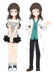 1girl black_pants black_skirt brown_eyes brown_hair brown_shoes closed_mouth coat collared_shirt frilled_skirt frills full_body green_skirt hand_on_own_hip hand_up highres hutaba idolmaster idolmaster_million_live! idolmaster_million_live!_theater_days kitazawa_shiho lab_coat lapels long_hair looking_at_viewer multiple_views notched_lapels one_eye_closed open_clothes open_coat open_collar pants pinstripe_pattern pinstripe_shirt shirt shoes short_sleeves simple_background skirt smile standing striped_clothes striped_shirt white_background white_coat white_shirt